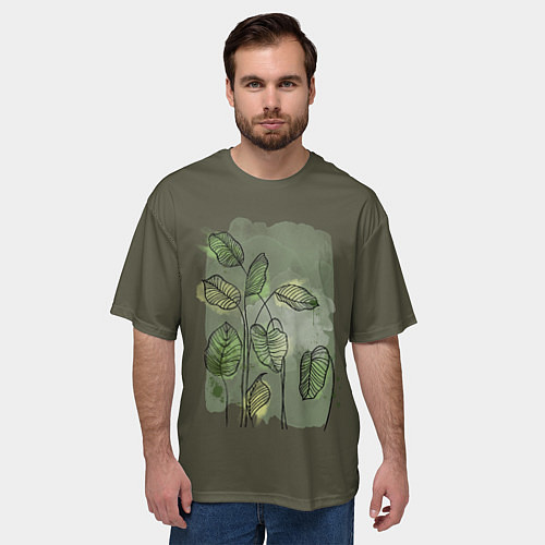 Мужская футболка оверсайз Нежные акварельные листья / 3D-принт – фото 3