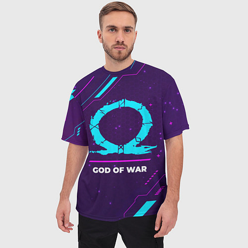 Мужская футболка оверсайз Символ God of War в неоновых цветах на темном фоне / 3D-принт – фото 3