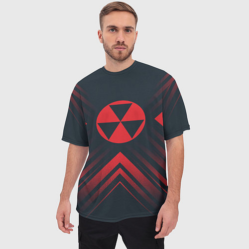 Мужская футболка оверсайз Красный Символ Fallout на темном фоне со стрелками / 3D-принт – фото 3