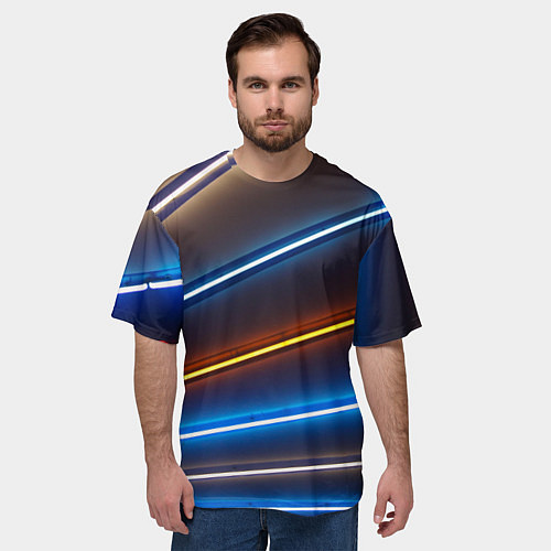 Мужская футболка оверсайз Неоновые фонари на линиях - Голубой и оранжевый / 3D-принт – фото 3