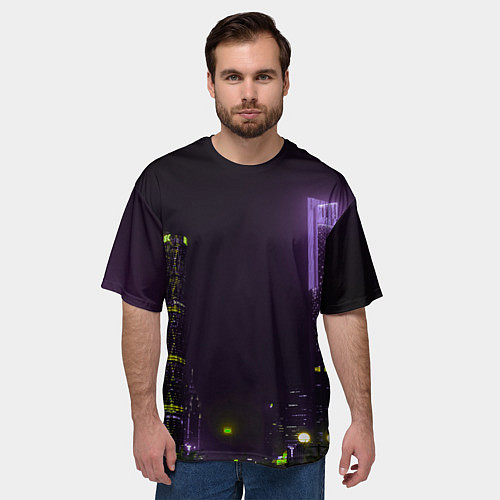 Мужская футболка оверсайз Неоновые высотки в городе - Фиолетовый / 3D-принт – фото 3
