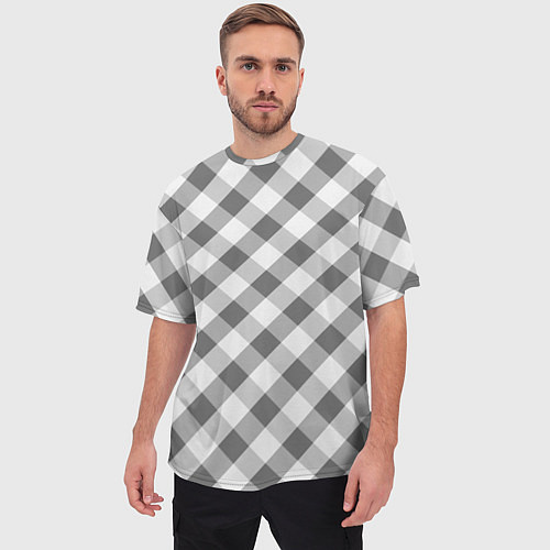 Мужская футболка оверсайз Бело-серый клетчатый узор tartan / 3D-принт – фото 3