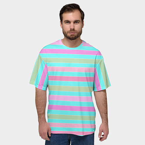 Мужская футболка оверсайз Pink turquoise stripes horizontal Полосатый узор / 3D-принт – фото 3