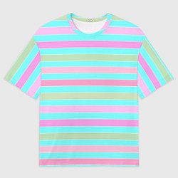 Мужская футболка оверсайз Pink turquoise stripes horizontal Полосатый узор