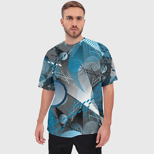 Мужская футболка оверсайз Абстрактный серо-синий принт / 3D-принт – фото 3