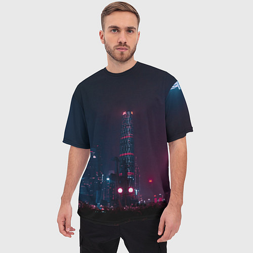 Мужская футболка оверсайз Неоновый ночной город - Тёмно-розовый / 3D-принт – фото 3