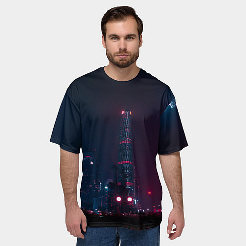 Мужская футболка оверсайз Неоновый ночной город - Тёмно-розовый / 3D-принт – фото 3