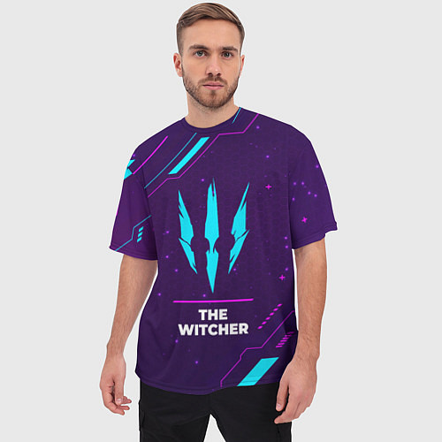 Мужская футболка оверсайз Символ The Witcher в неоновых цветах на темном фон / 3D-принт – фото 3