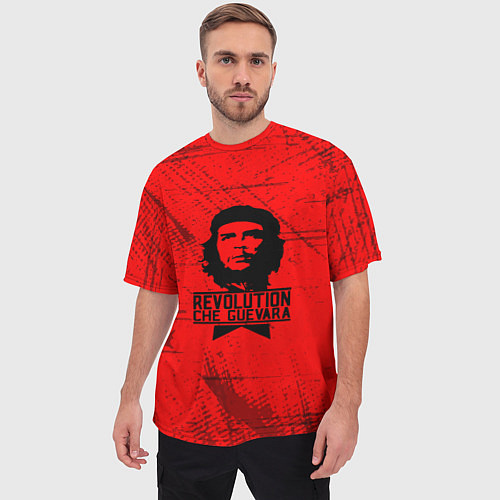 Мужская футболка оверсайз Че Гевара - на красном фоне / 3D-принт – фото 3