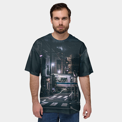 Мужская футболка оверсайз Ночная улица города - Белый / 3D-принт – фото 3