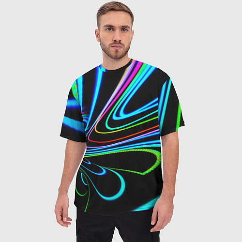 Мужская футболка оверсайз Неоновый многоцветный узор - Светло-синий / 3D-принт – фото 3