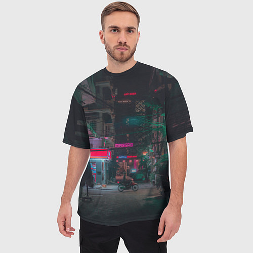Мужская футболка оверсайз Неоновый мрачный город - Тёмно-зелёный / 3D-принт – фото 3