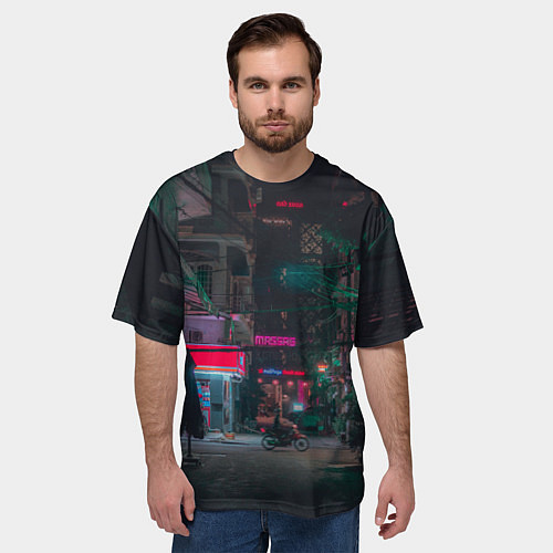 Мужская футболка оверсайз Неоновый мрачный город - Тёмно-зелёный / 3D-принт – фото 3