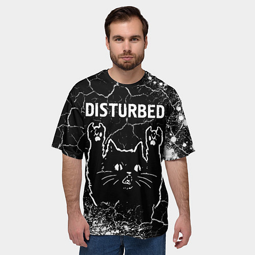 Мужская футболка оверсайз Группа Disturbed и Рок Кот / 3D-принт – фото 3