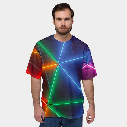 Мужская футболка оверсайз Неоновые лучи разных цветов - Синий / 3D-принт – фото 3