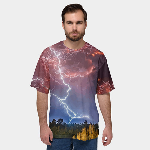 Мужская футболка оверсайз Грозовые разряды молний над лесом / 3D-принт – фото 3