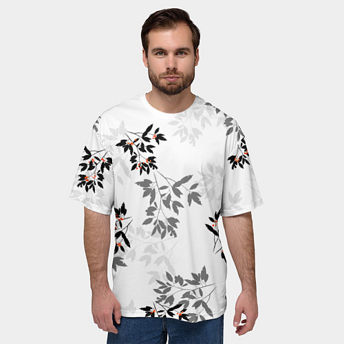 Мужская футболка оверсайз Черные и серые ветки с красными ягодами, паттерн / 3D-принт – фото 3