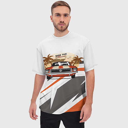 Мужская футболка оверсайз Ретро-авто и пальмы / 3D-принт – фото 3