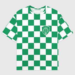 Футболка оверсайз мужская ФК Ахмат на фоне бело зеленой формы в квадрат, цвет: 3D-принт