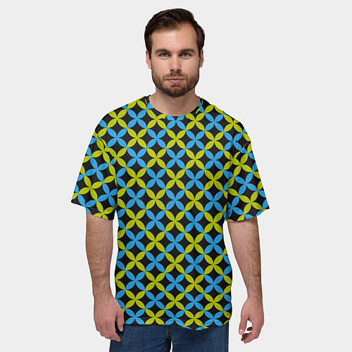 Мужская футболка оверсайз Зеленые и синие листочки паттерн / 3D-принт – фото 3