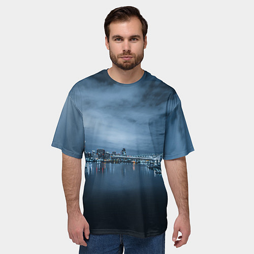 Мужская футболка оверсайз Неоновый город вдалеке и небо - Синий / 3D-принт – фото 3