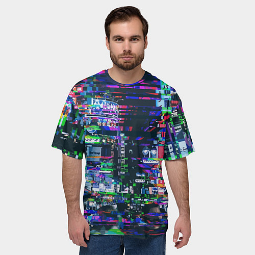Мужская футболка оверсайз Ночной город - glitch / 3D-принт – фото 3