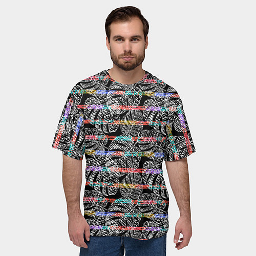 Мужская футболка оверсайз Листья монстеры на черном в полоску / 3D-принт – фото 3