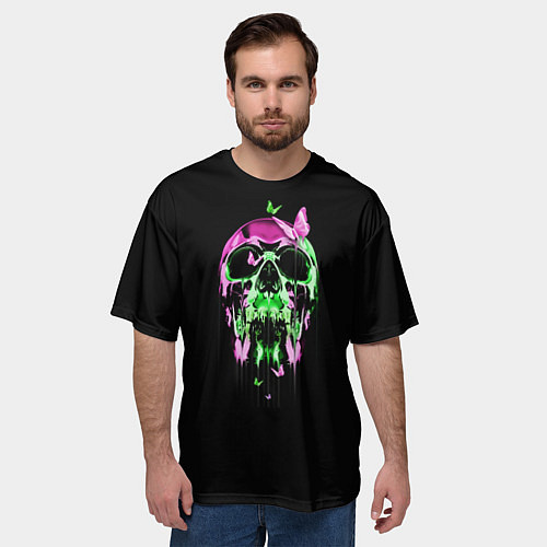 Мужская футболка оверсайз Неоновая черепушка с бабочками / 3D-принт – фото 3
