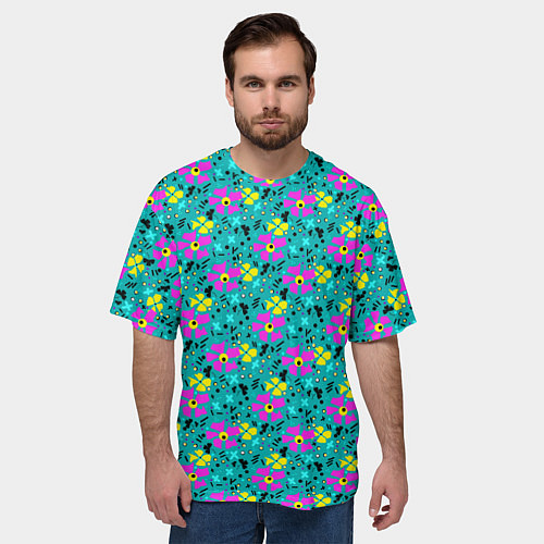 Мужская футболка оверсайз Яркий цветочный узор на бирюзовом фоне / 3D-принт – фото 3