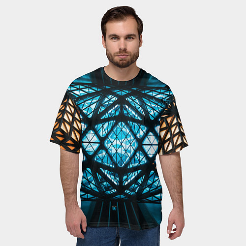 Мужская футболка оверсайз Неоновые абстрактные фигуры и фонари - Синий / 3D-принт – фото 3