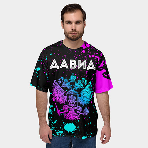 Мужская футболка оверсайз Давид - неоновый герб России / 3D-принт – фото 3