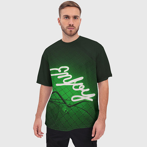 Мужская футболка оверсайз Неоновая надпись во тьме: Наслаждайся - Зелёный / 3D-принт – фото 3