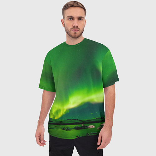 Мужская футболка оверсайз Абстрактное полярное сияние - Зелёный / 3D-принт – фото 3
