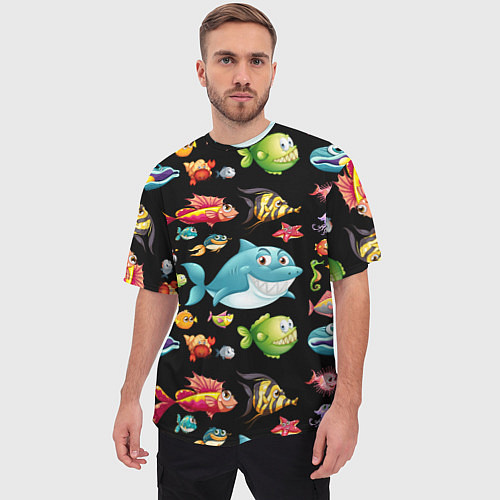 Мужская футболка оверсайз Прикольная акула и другие жители океана / 3D-принт – фото 3