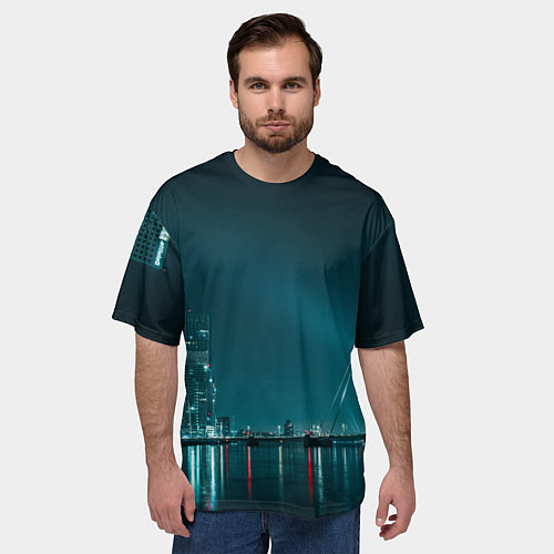 Мужская футболка оверсайз Неоновый мост и город - Светло-синий / 3D-принт – фото 3