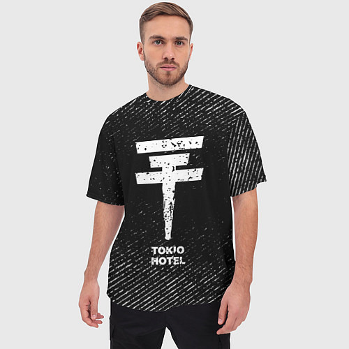 Мужская футболка оверсайз Tokio Hotel с потертостями на темном фоне / 3D-принт – фото 3