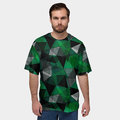 Мужская футболка оверсайз Зеленый, серый и черный геометрический / 3D-принт – фото 3