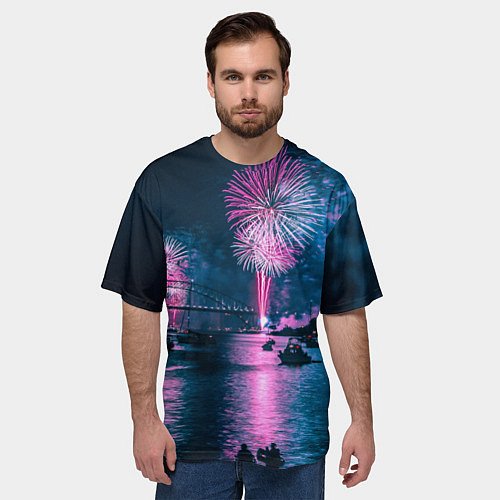 Мужская футболка оверсайз Неоновый салют над рекой ночью - Синий / 3D-принт – фото 3