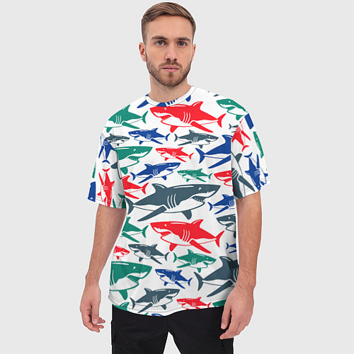 Мужская футболка оверсайз Стая разноцветных акул - паттерн / 3D-принт – фото 3