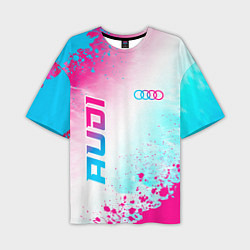 Мужская футболка оверсайз Audi neon gradient style: символ и надпись вертика