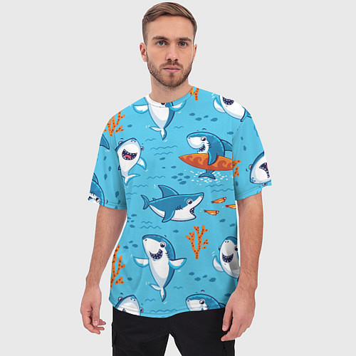 Мужская футболка оверсайз Прикольные акулята - паттерн / 3D-принт – фото 3