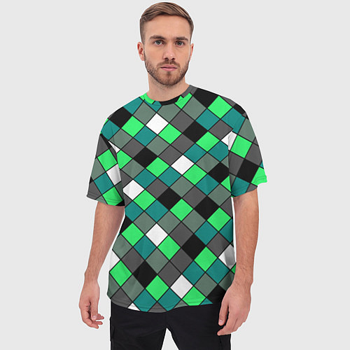 Мужская футболка оверсайз Геометрический узор в зеленых и черный тонах / 3D-принт – фото 3