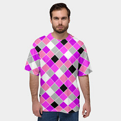 Футболка оверсайз мужская Розовый черный узор в клетку, цвет: 3D-принт — фото 2