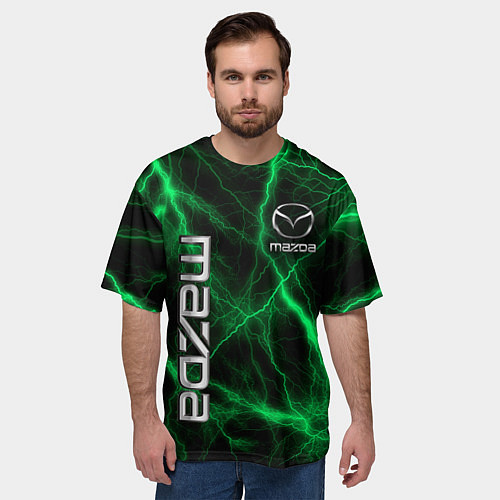 Мужская футболка оверсайз Mazda зеленые молнии / 3D-принт – фото 3