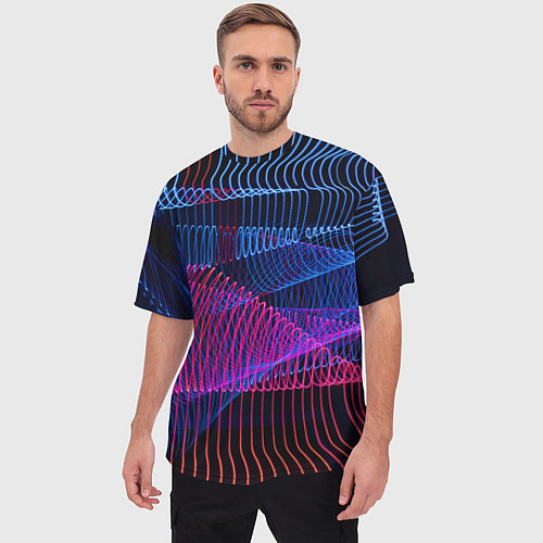 Мужская футболка оверсайз Неоновые электронные волнообразные линии / 3D-принт – фото 3