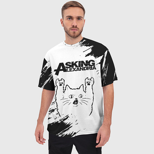 Мужская футболка оверсайз Asking Alexandria рок кот на светлом фоне / 3D-принт – фото 3