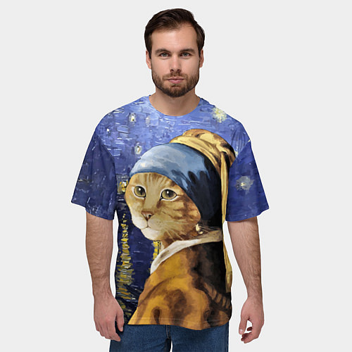 Мужская футболка оверсайз Прикол с котом: пародия картина / 3D-принт – фото 3