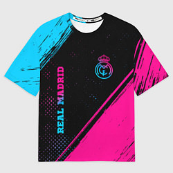 Футболка оверсайз мужская Real Madrid - neon gradient: символ и надпись верт, цвет: 3D-принт