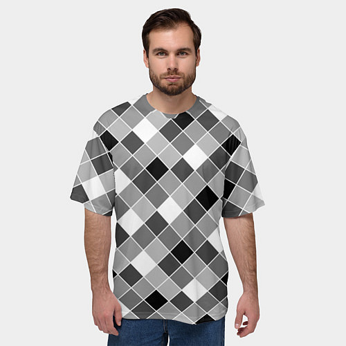 Мужская футболка оверсайз Черно-белый клетчатый узор / 3D-принт – фото 3