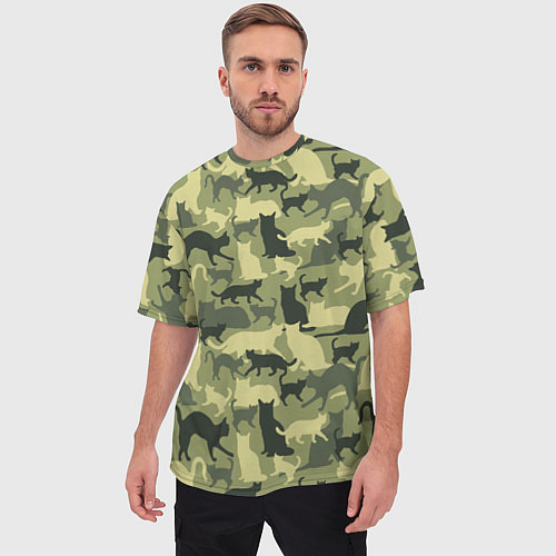Мужская футболка оверсайз Кошачий камуфляж в зеленой гамме / 3D-принт – фото 3